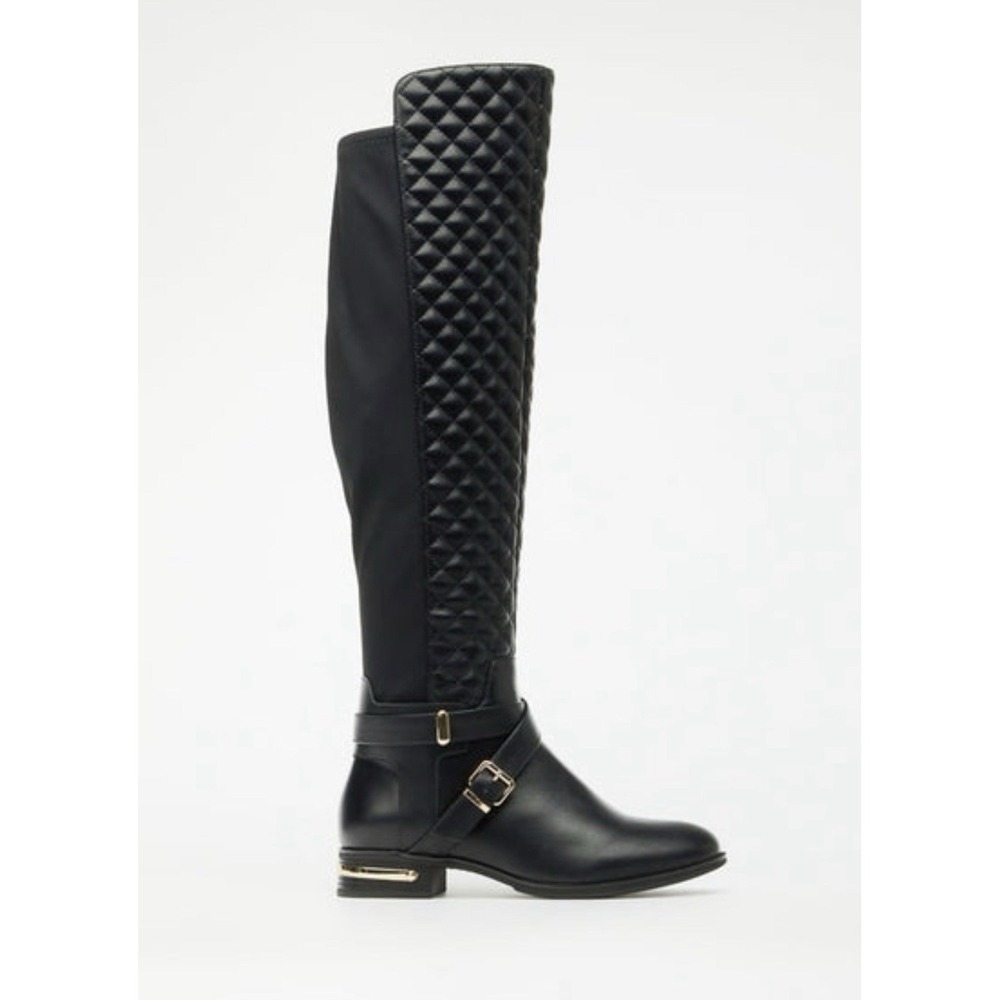 Annabeth by JUSTFAB (SHOEDAZZLE) Black quilted faux leather riding boots, SZ 7 - Picture 7 of 16